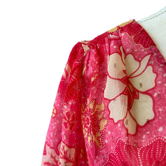 Joie Semi Sheer Pink Floral Top Womens Sz Medium Smocked Waist Cottagecore Boho - Picture 11 of 12